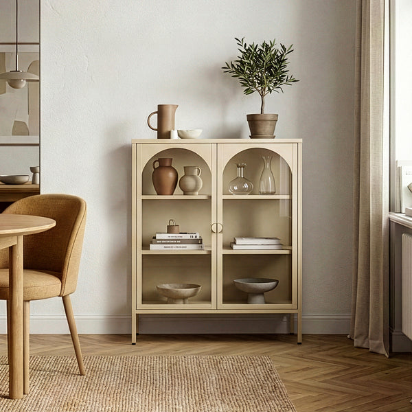 Vitrines szekrény Klippestad acél 95x80x35 cm teveszín [en.casa]