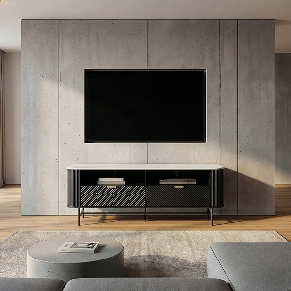 TV-szekrény Olvehok 140x40x55 cm fekete/márvány hatású, fehér [en.casa]