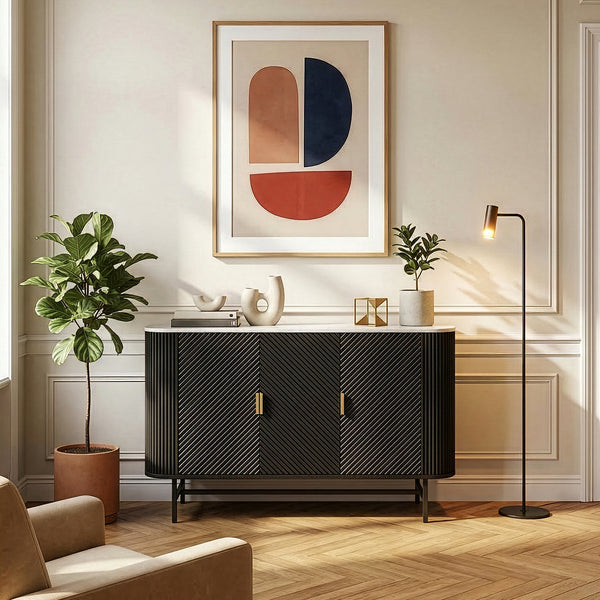 Tárolószekrény Olvehok 110x40x77 cm fekete/márvány hatású, fehér [en.casa]