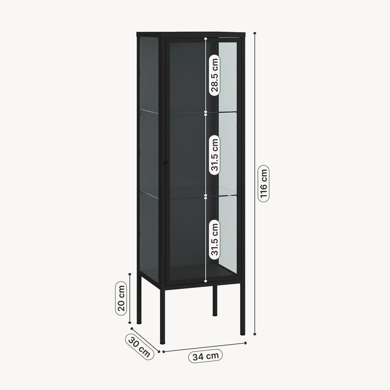 Méretrajz Vitrines szekrény Borshavisa 116x34x30 cm acél fekete [en.casa]