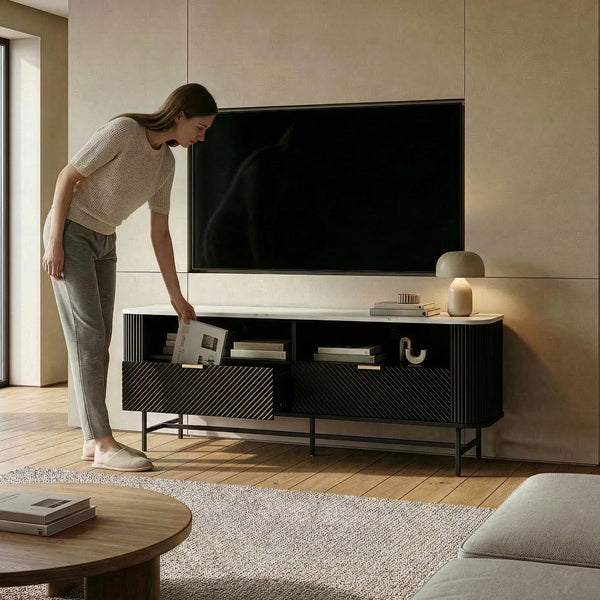 TV-szekrény Olvehok 140x40x55 cm fekete/márvány hatású, fehér [en.casa]
