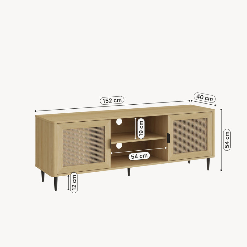 Méretrajz TV szekrény Lukhomso 152x40x54 cm tölgyfa hatású rattan mintával [en.casa]