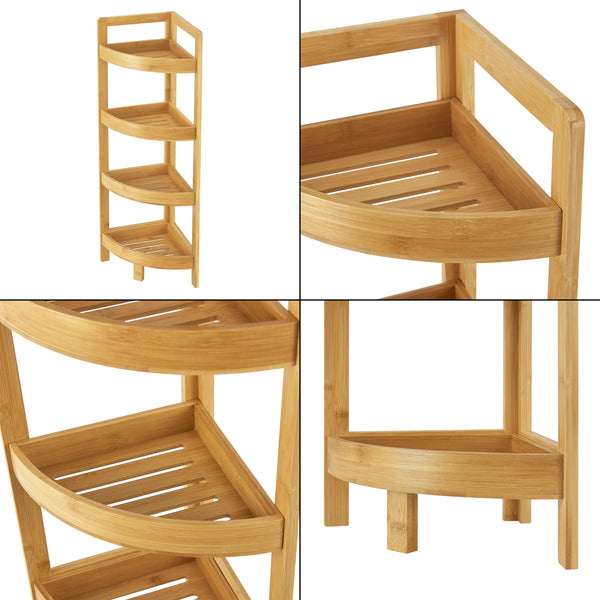 Fürdőszoba sarokpolc Lestijärvi bambuszbol 4 peremes lekerekített  tárolópolccal [en.casa] 