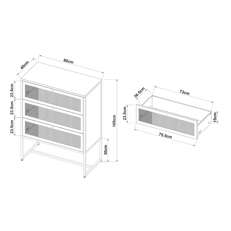 Méretrajz Irodai szekrény Sund 3 fiókkal 105x80x40 cm acél szürke [en.casa]