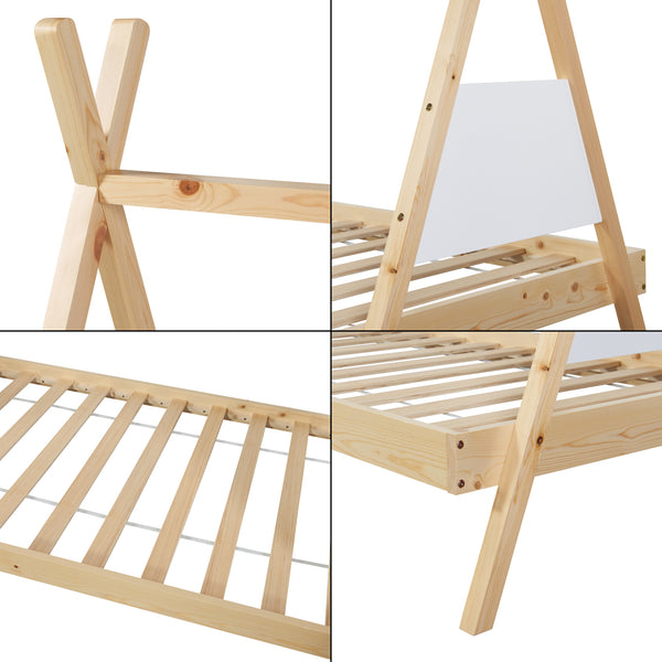 Tipi gyerekágy Siikajoki fenyőből ágyráccsal és matraccal 90×200 cm – Natúr/Fehér [en.casa]