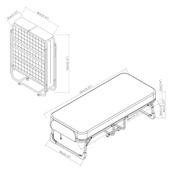 Fém összecsukható ágy Lustendi matraccal 200x90cm fekete/tölgyhatású [en.casa]