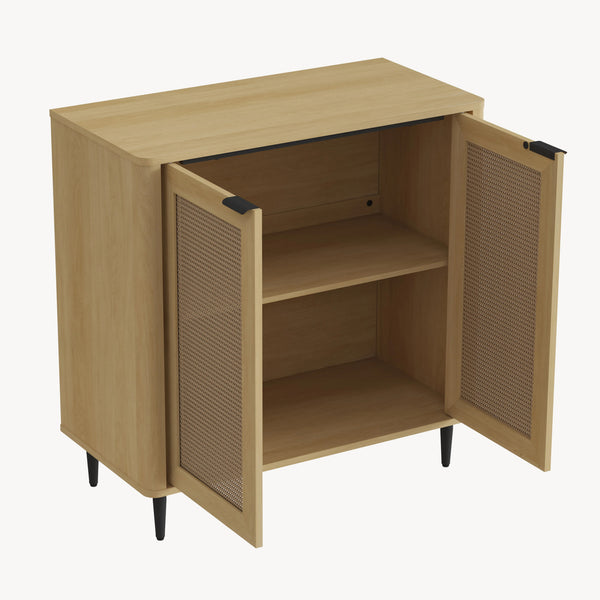 Tálalószekrény Lukhomso 83x80x40 cm tölgyfa hatású rattan mintázattal [en.casa]