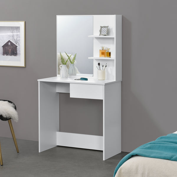 Fésülködő asztal Rustenburg tükörrel polcokkal és fiókkal fehér [en.casa]