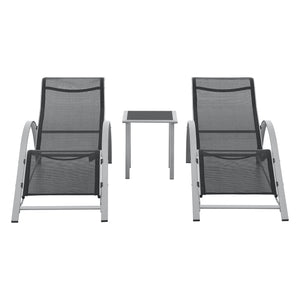 Kertibútor szett Binetto 3-részes kerti bútor 2xnapágy 1x asztal üveglappal szürke/fekete [en.casa]