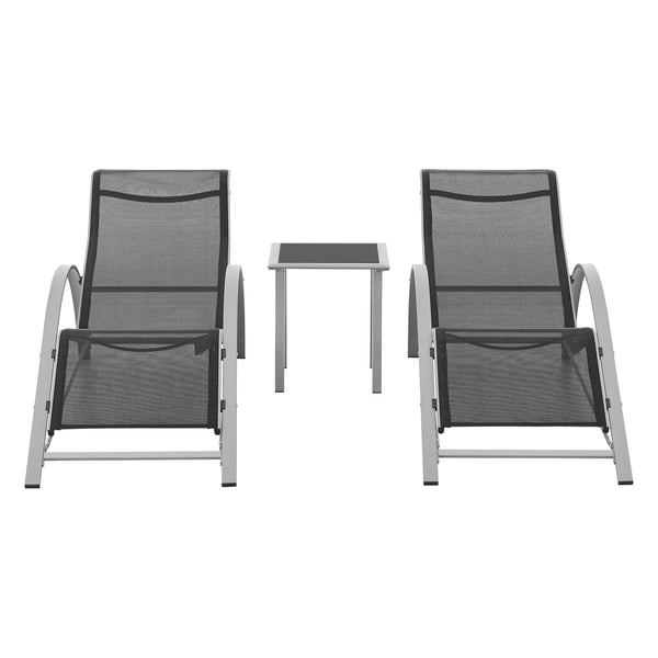 Kertibútor szett Binetto 3-részes kerti bútor 2xnapágy 1x asztal üveglappal szürke/fekete [en.casa]