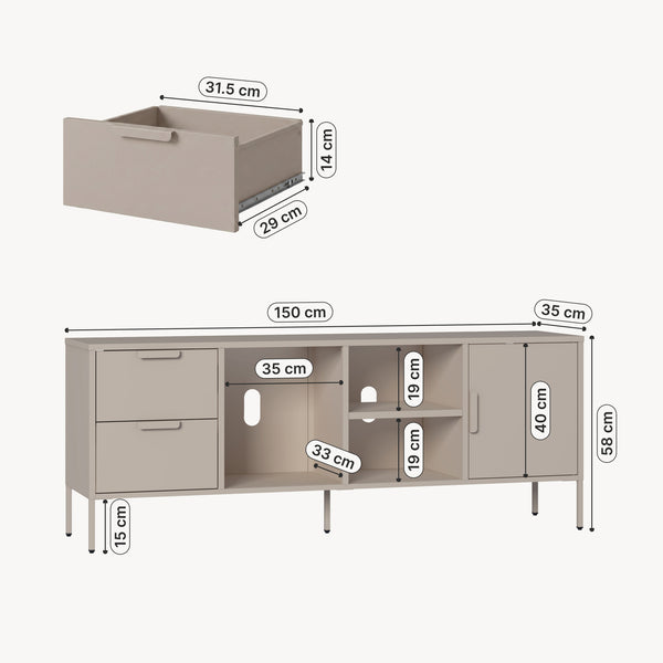 TV szekrény Kliri acél 150x35x58 cm teveszín [en.casa]