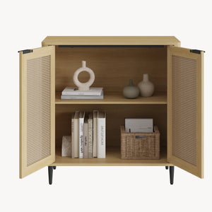 Tálalószekrény Lukhomso 83x80x40 cm tölgyfa hatású rattan mintázattal [en.casa]