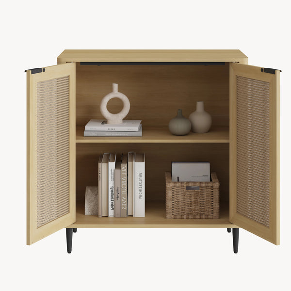 Tálalószekrény Lukhomso 83x80x40 cm tölgyfa hatású rattan mintázattal [en.casa]