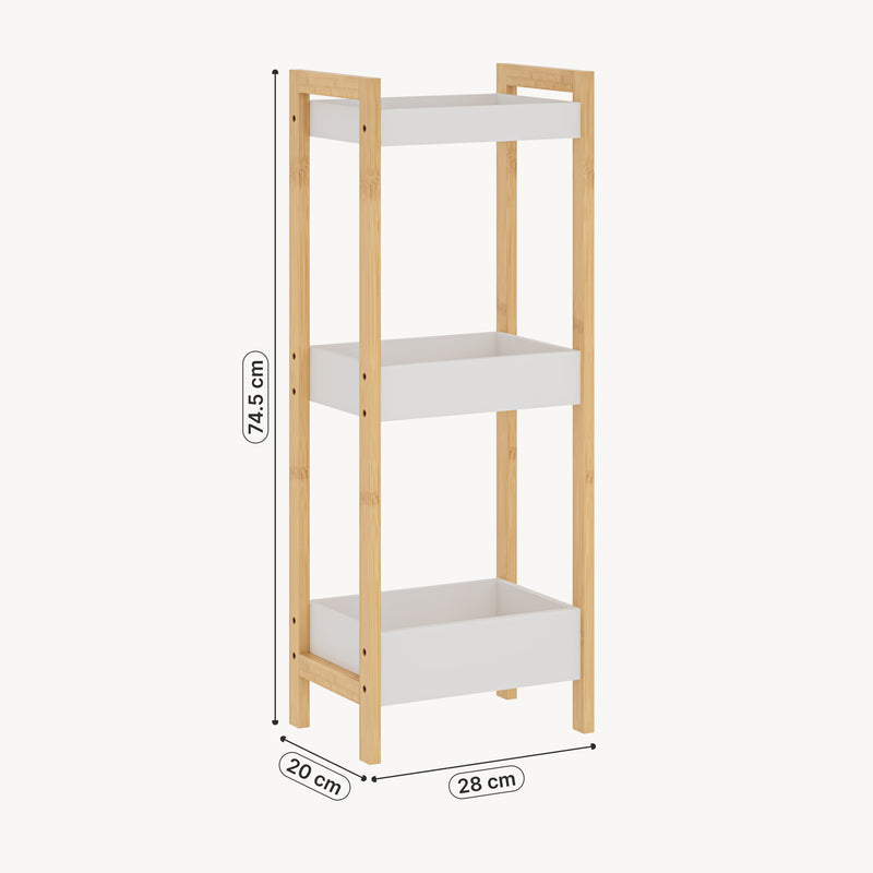 Méretrajz Fürdőszobai polc Anun 3 szinttel 75x28x20 cm bambusz természetes/fehér [en.casa]