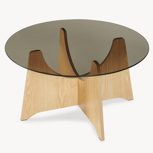 Dohányzóasztal Omlar üveglappal Ø70x35 cm tölgyfa hatás/füstszürke [en.casa]