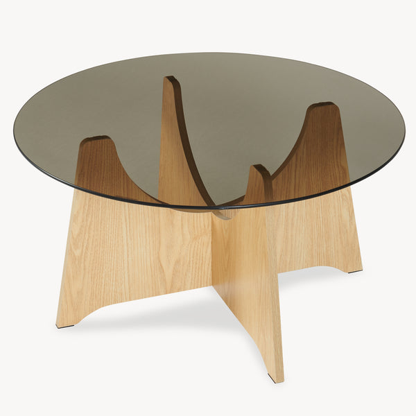 Dohányzóasztal Omlar üveglappal Ø70x35 cm tölgyfa hatás/füstszürke [en.casa]