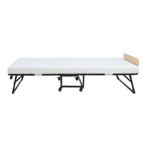 Fém összecsukható ágy Lustendi matraccal 200x90cm fekete/tölgyhatású [en.casa]