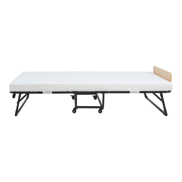 Fém összecsukható ágy Lustendi matraccal 200x90cm fekete/tölgyhatású [en.casa]