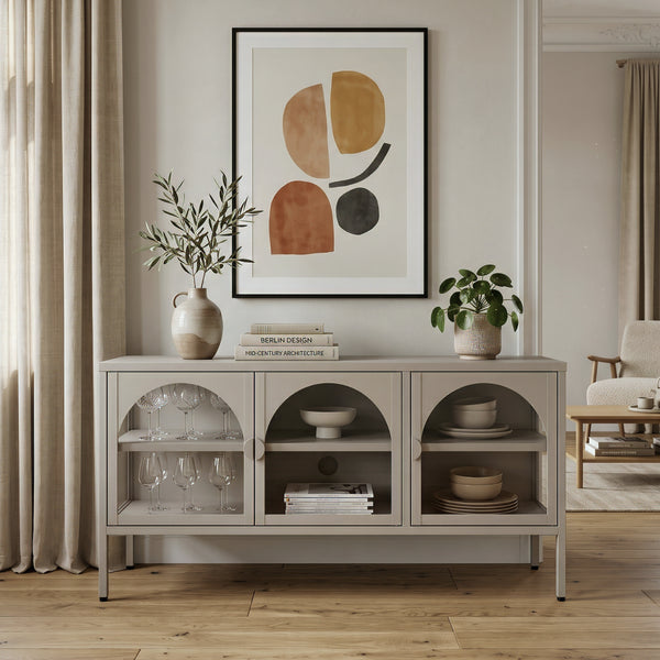 Vitrinszekrény Klippestad acél 118x35x55 cm teveszín [en.casa]