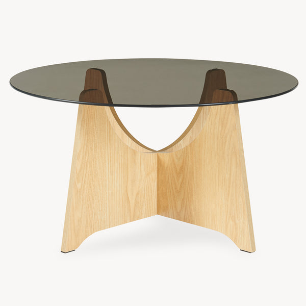 Dohányzóasztal Omlar üveglappal Ø70x35 cm tölgyfa hatás/füstszürke [en.casa]