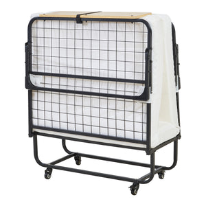 Fém összecsukható ágy Lustendi matraccal 200x90cm fekete/tölgyhatású [en.casa]