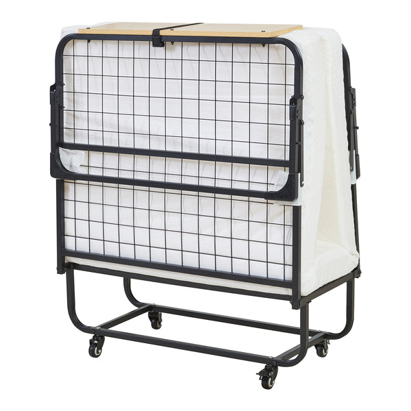 Fém összecsukható ágy Lustendi matraccal 200x90cm fekete/tölgyhatású [en.casa]