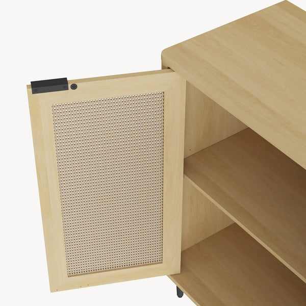 Tálalószekrény Lukhomso 83x80x40 cm tölgyfa hatású rattan mintázattal [en.casa]