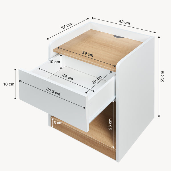 Éjjeliszekrény Kuorshare 55x42x37 cm fehér/tölgyfa hatású [en.casa]