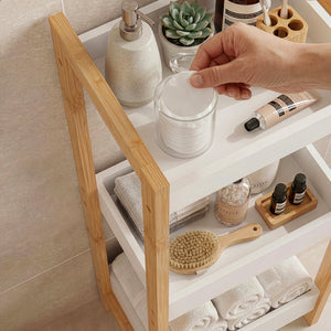 Fürdőszobai polc Anun 3 szinttel 75x28x20 cm bambusz természetes/fehér [en.casa]