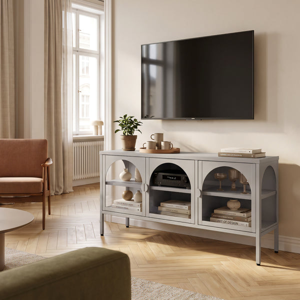 Vitrinszekrény Klippestad acél 118x35x55 cm teveszín [en.casa]