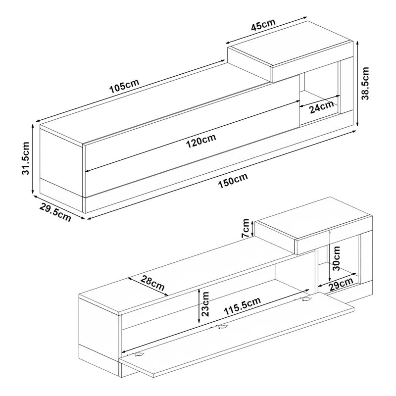 Méretrajz TV szekrény Luhanka 150x29,5x38,5cm tölgyfa[en.casa]