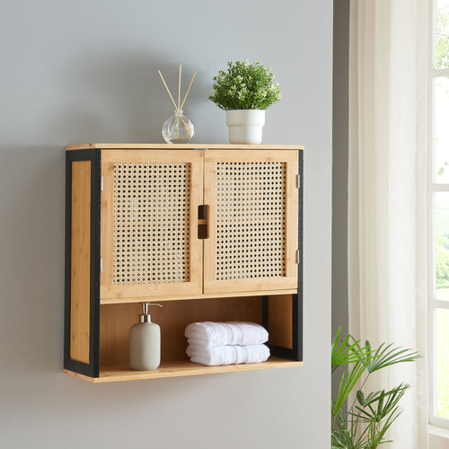 Fürdőszobai fali szekrény Tervola 60x60x20 cm fekete/bambusz [en.casa]
