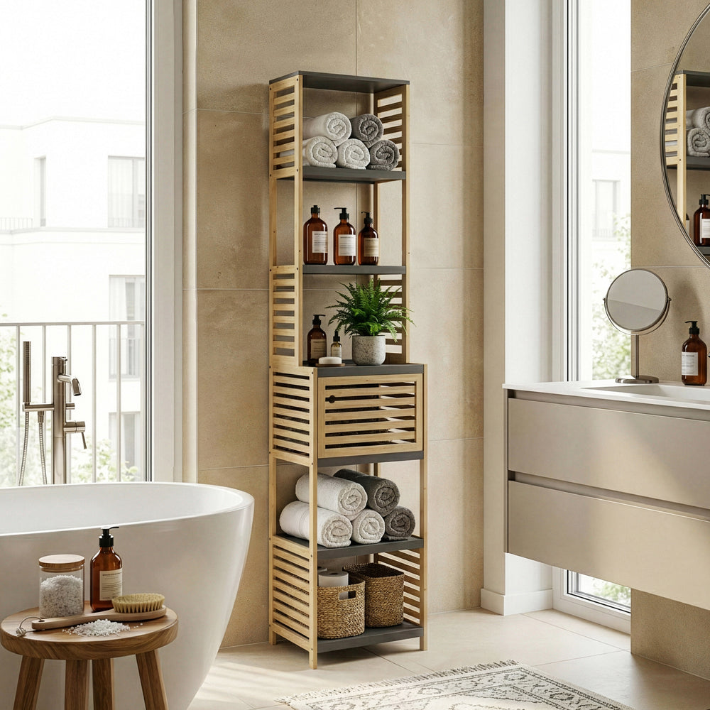 Fürdőszobai polc Kydesby bambusz természetes/szürke [en.casa]