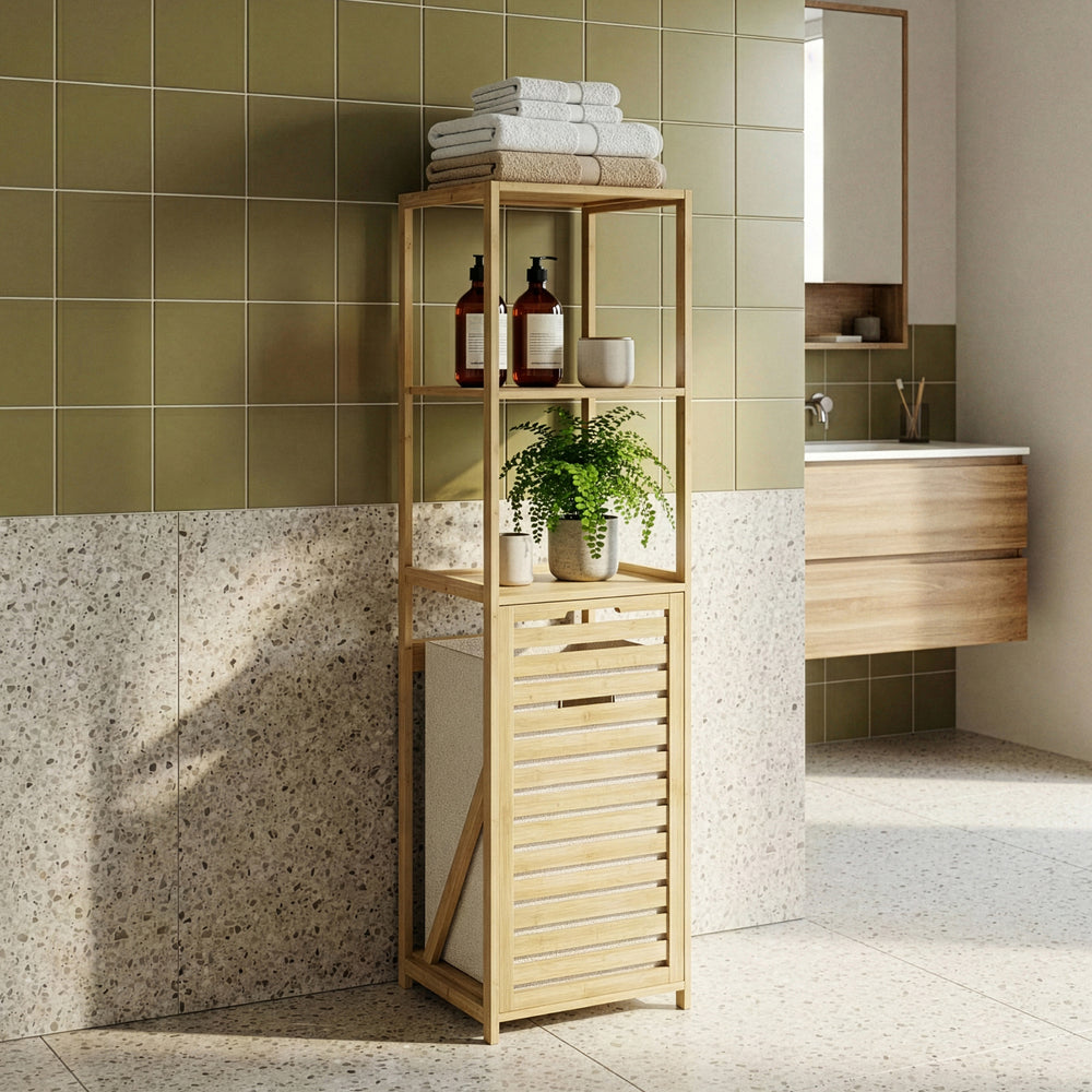 Fürdőszobai polc mosózsákkal Anun 130x36x33 cm bambusz fa színű [en.casa]