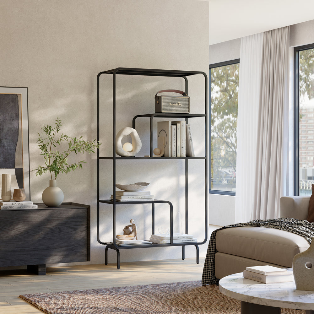 Könyvespolc Færder acél 145x76x33 cm fekete [en.casa]