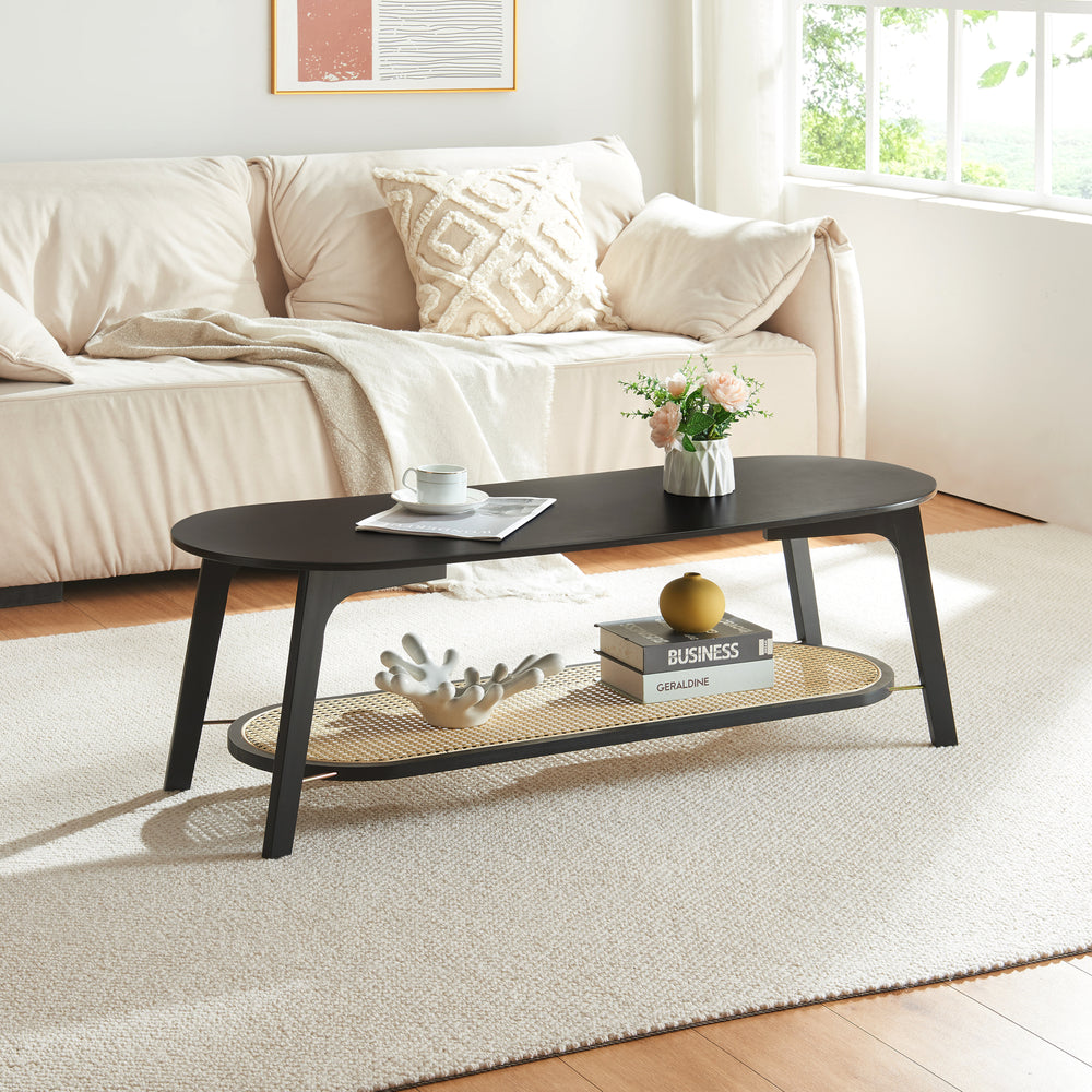 Dohányzóasztal Taivalkoski 120x43x40 cm fekete/rattan hatású [en.casa] - premiumXL