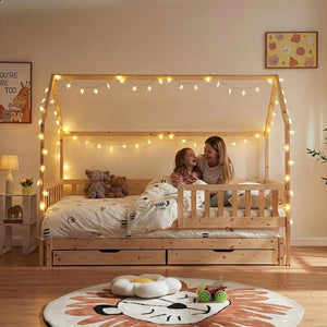 Házikó gyerekágy kihúzható pótággyal Aarghonmaa 90x200 cm fenyőfa [en.casa]