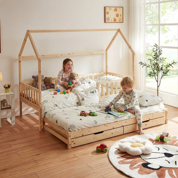 Házikó gyerekágy kihúzható pótággyal Aarghonmaa 90x200 cm fenyőfa [en.casa]