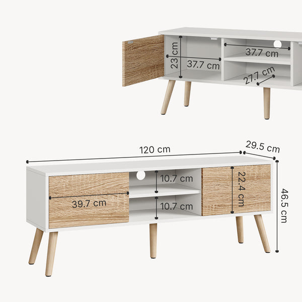 TV-állvány Eskilstuna 120x29,5x46,5 cm forgácslap tömör fa lábakkal [en.casa]