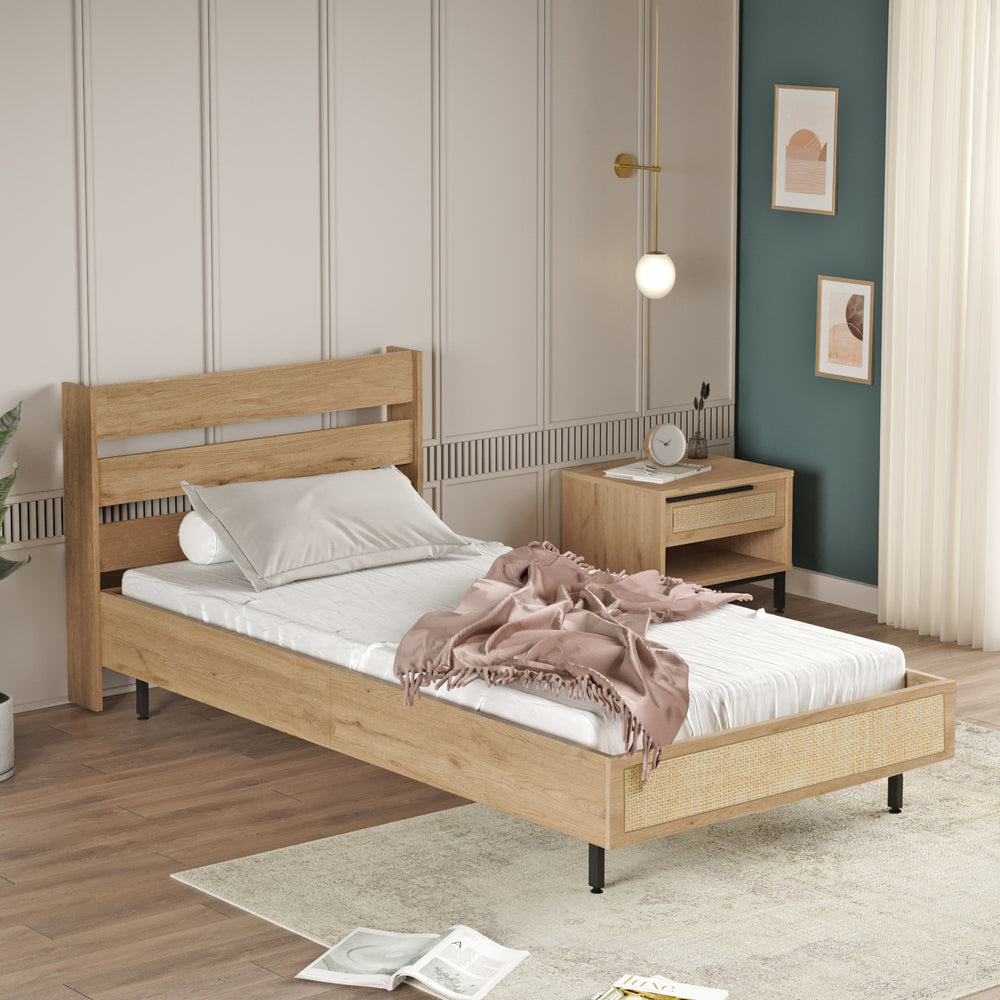 Egyszemélyes ágy Kvænangen 100x200 cm tölgy - /rattan hatás [en.casa] - premiumXL
