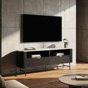 TV-szekrény Olvehok 140x40x55 cm fekete/márvány hatású, fehér [en.casa]