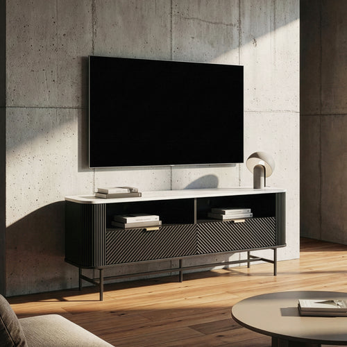 TV-szekrény Olvehok 140x40x55 cm fekete/márvány hatású, fehér [en.casa]