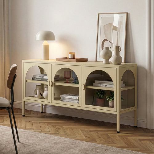 Vitrinszekrény Klippestad acél 118x35x55 cm teveszín [en.casa]
