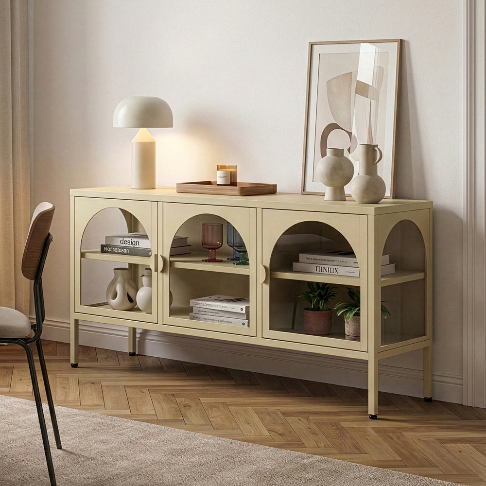 Vitrinszekrény Klippestad acél 118x35x55 cm teveszín [en.casa]