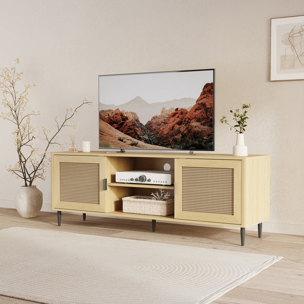 TV szekrény Lukhomso 152x40x54 cm tölgyfa hatású rattan mintával [en.casa]