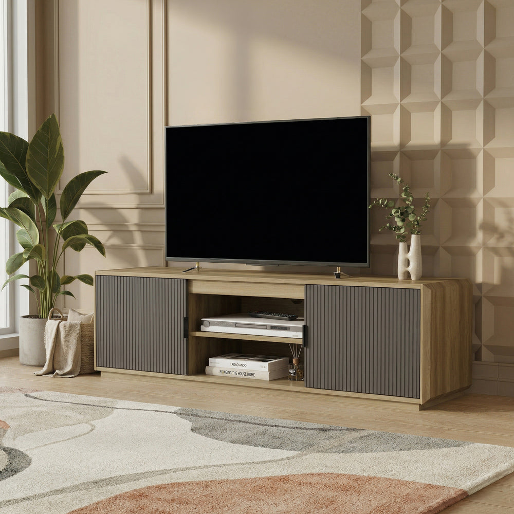 TV szekrény Trömi 150x40x43 cm tölgyfa hatású/szürke [en.casa]