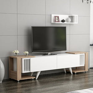 TV asztal polccal és 2 kisasztallal Glostrup tölgyfa hatású / fehér [en.casa]