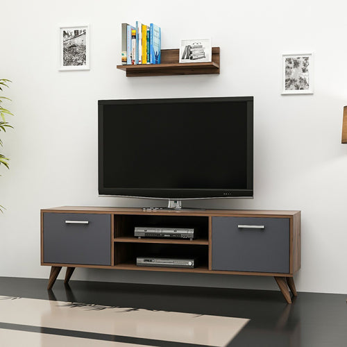 TV állvány polccal Haderslev 42 x 120 x 30 cm forgácslap műanyag dió antracit [en.casa] 