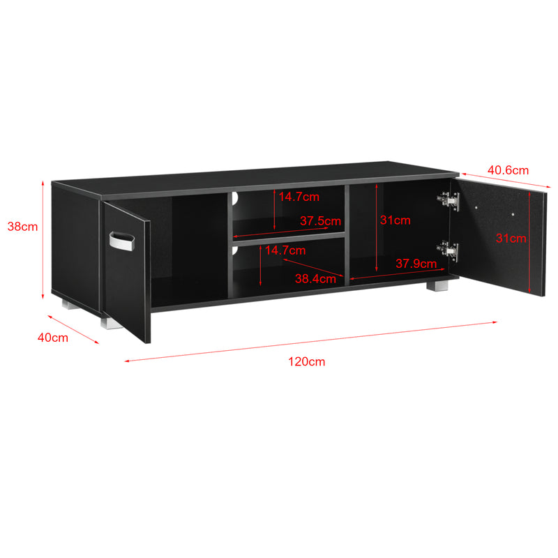 Méretrajz TV-állvány 120 x 40 x 38 cm TV-szekrény polccal tévéasztal ajtóval forgácslap fehér/fekete [en.casa]® 
