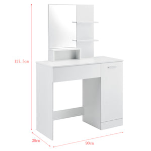 Fésülködő asztal tükörrel ajtós szekrénykével fiókkal és polcokkal sminkasztal 138 x 90 x 38 cm forgácslap sötétszürke/fehér [en.casa]® 